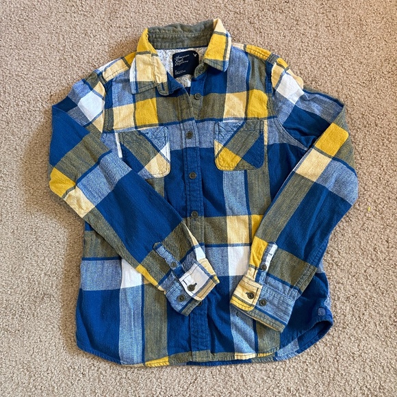 American Eagle Outfitters Blue and Yellow Plaid Button Down Flannel Size 8 - Picture 2 of 10